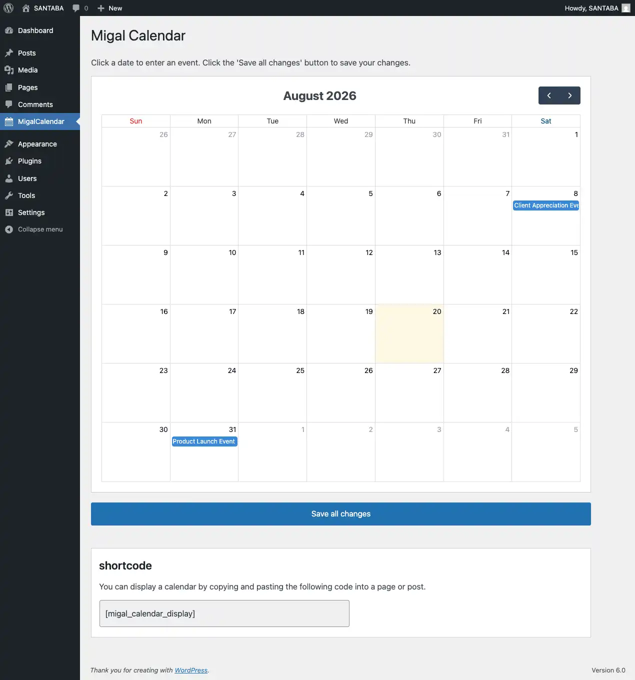 Migal Calendar - WordPress Admin Panel